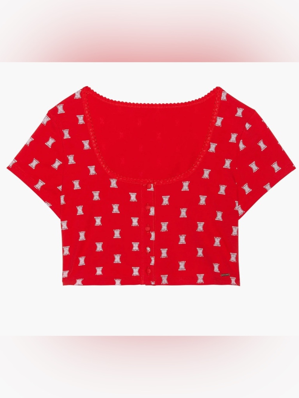 Red Short-Sleeve Button Crop Top